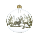 Pallina in vetro trasparente con renna e alberi diametro 8cm