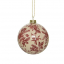 Pallina color perla con decori floreali rossi/verdi - diametro 8cm